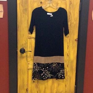 Bailey 44 Tan Black Sheath Dress 3/4 Sleeve Midi